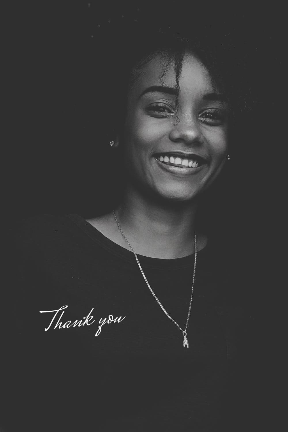 smiling lady black and white with thank you text