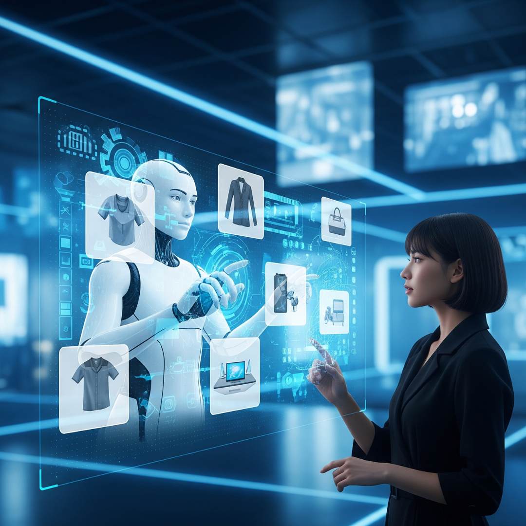 A woman and a robot assistant collaboratively use a futuristic touchscreen to browse products, demonstrating the personalized nature of Agentic Commerce.