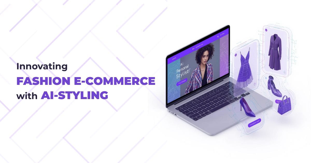 Laptop displaying AI personal stylist with digital fashion items around it, representing AI-powered fashion e-commerce.