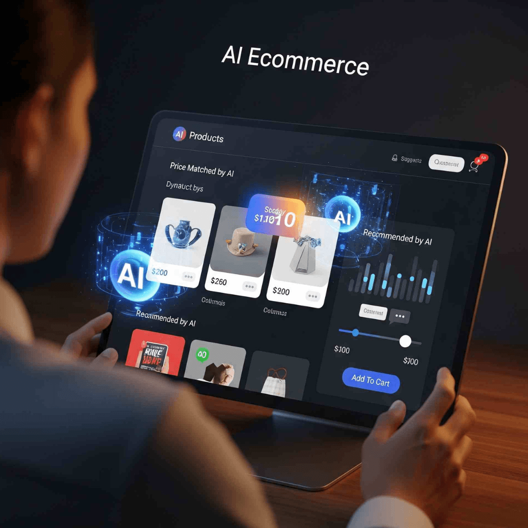 An agentic commerce interface on a tablet, with glowing AI icons signifying autonomous agents actively trading and selecting products for the user.