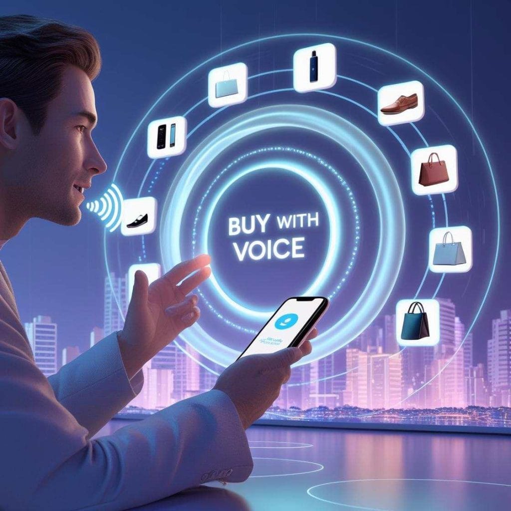 A Caucasian man uses a voice command on his smartphone to shop for products like shoes and bags, which are displayed in a circular holographic interface around the words "BUY WITH VOICE."