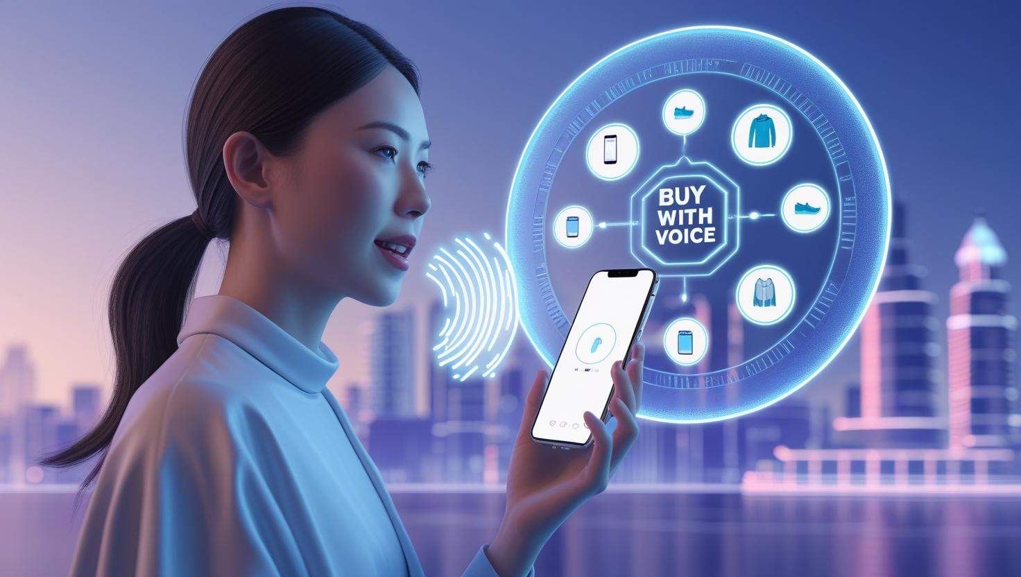 An Asian woman uses her voice to command her smartphone, which displays a "Buy with Voice" interface surrounded by icons of various products, set against a futuristic city skyline.