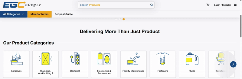 Animated GIF of the EGC Supply website, where the "All Categories" menu is opened to show the navigation for a catalog of over 2.4 million industrial product SKUs.