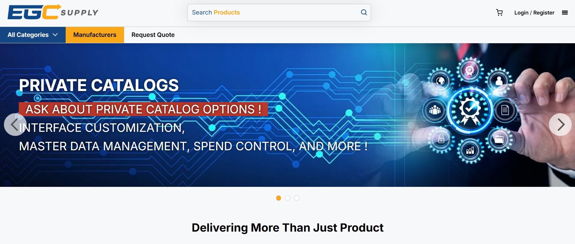 Screenshot of the EGC Supply website homepage, featuring a prominent banner advertising 'Private Catalogs' with options for interface customization and spend control.