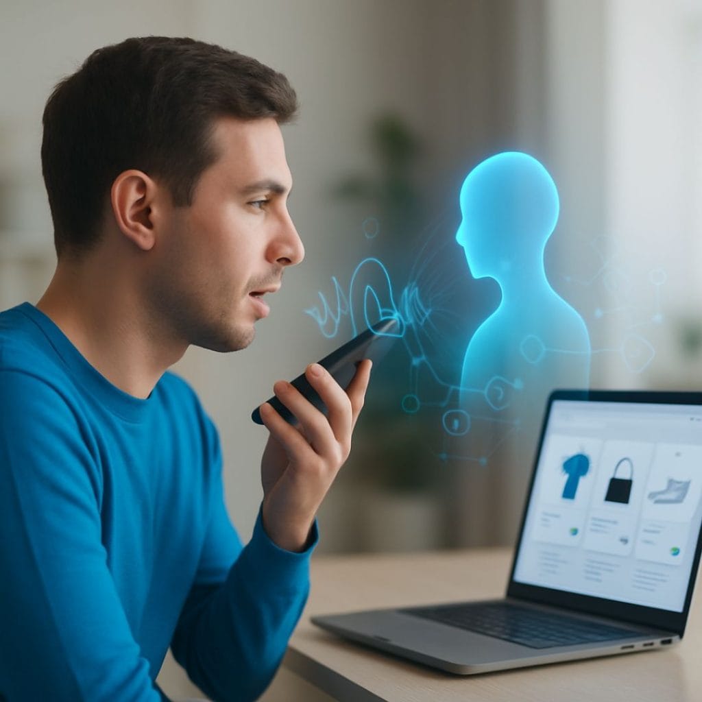 Close-up of a man using a smartphone voice agent, represented by a glowing blue icon, to shop on an e-commerce website shown on a laptop.