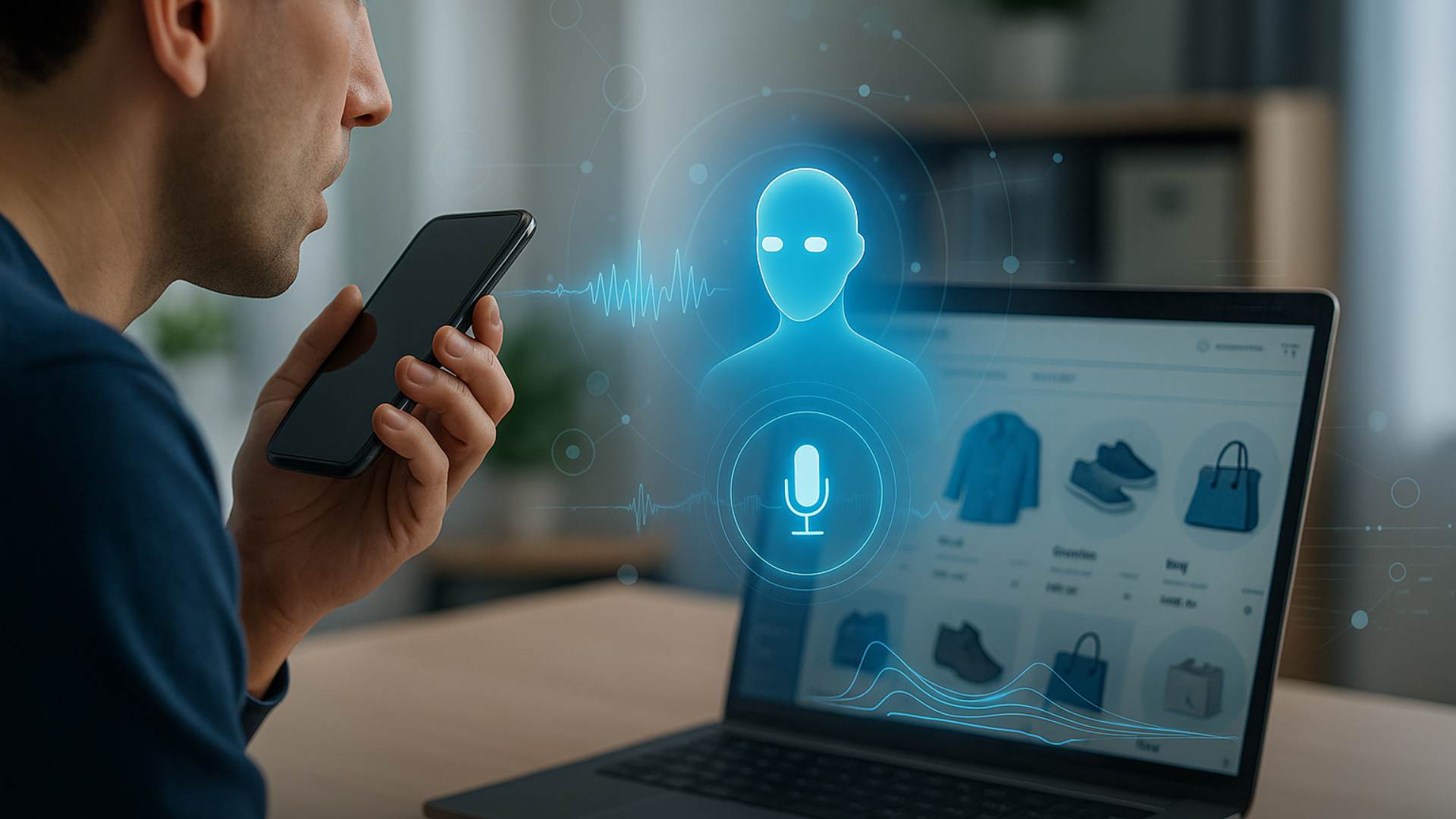 A man uses an AI voice agent on his smartphone, visualized as a glowing blue silhouette, to interact with an e-commerce store on his laptop.