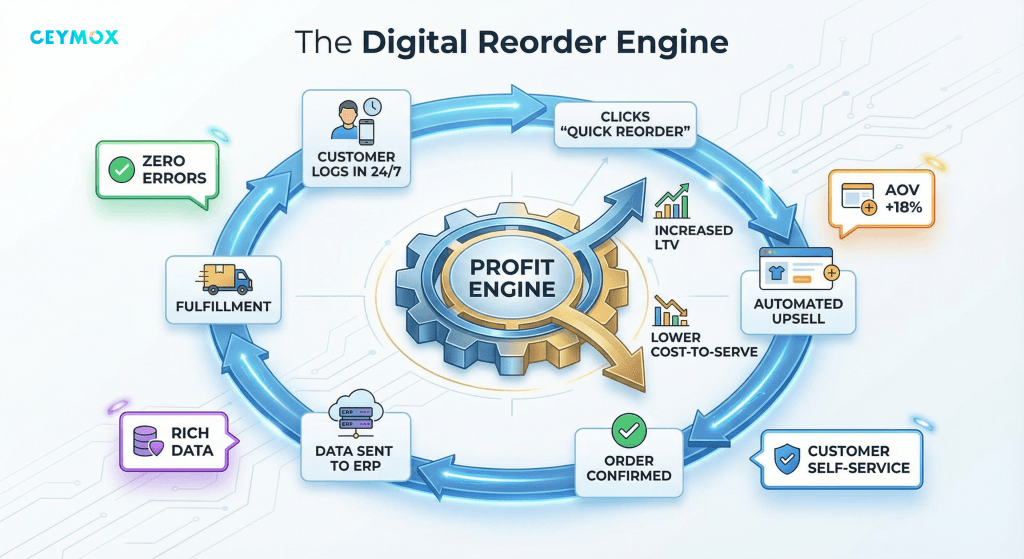 A circular flow chart titled The Digital Reorder Engine, showing the steps from customer login to fulfillment and profit generation.
