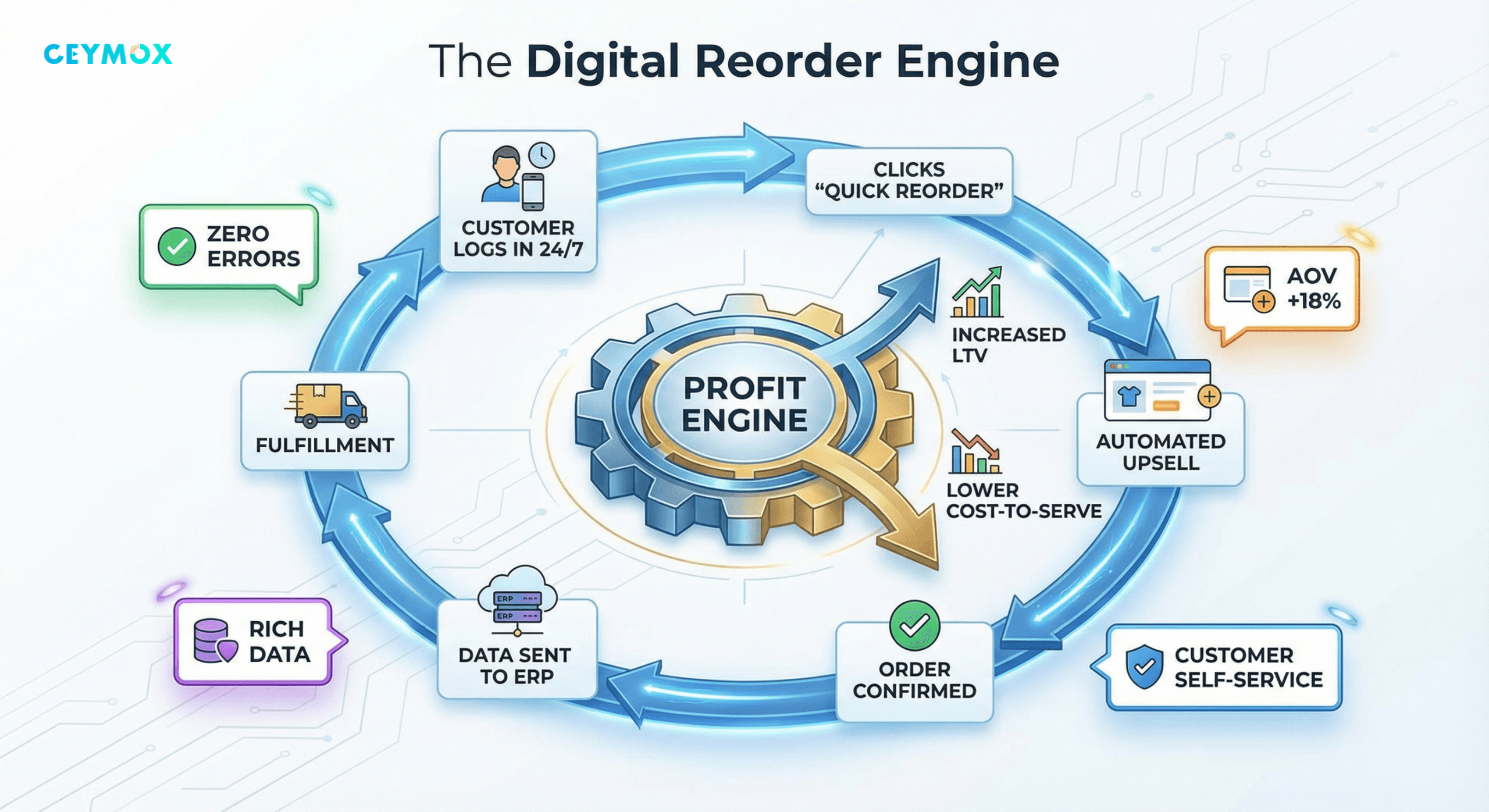 A circular flow chart titled The Digital Reorder Engine, showing the steps from customer login to fulfillment and profit generation.