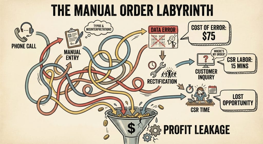 A tangled flowchart titled The Manual Order Labyrinth showing the complex path of a phone call order leading to profit leakage.