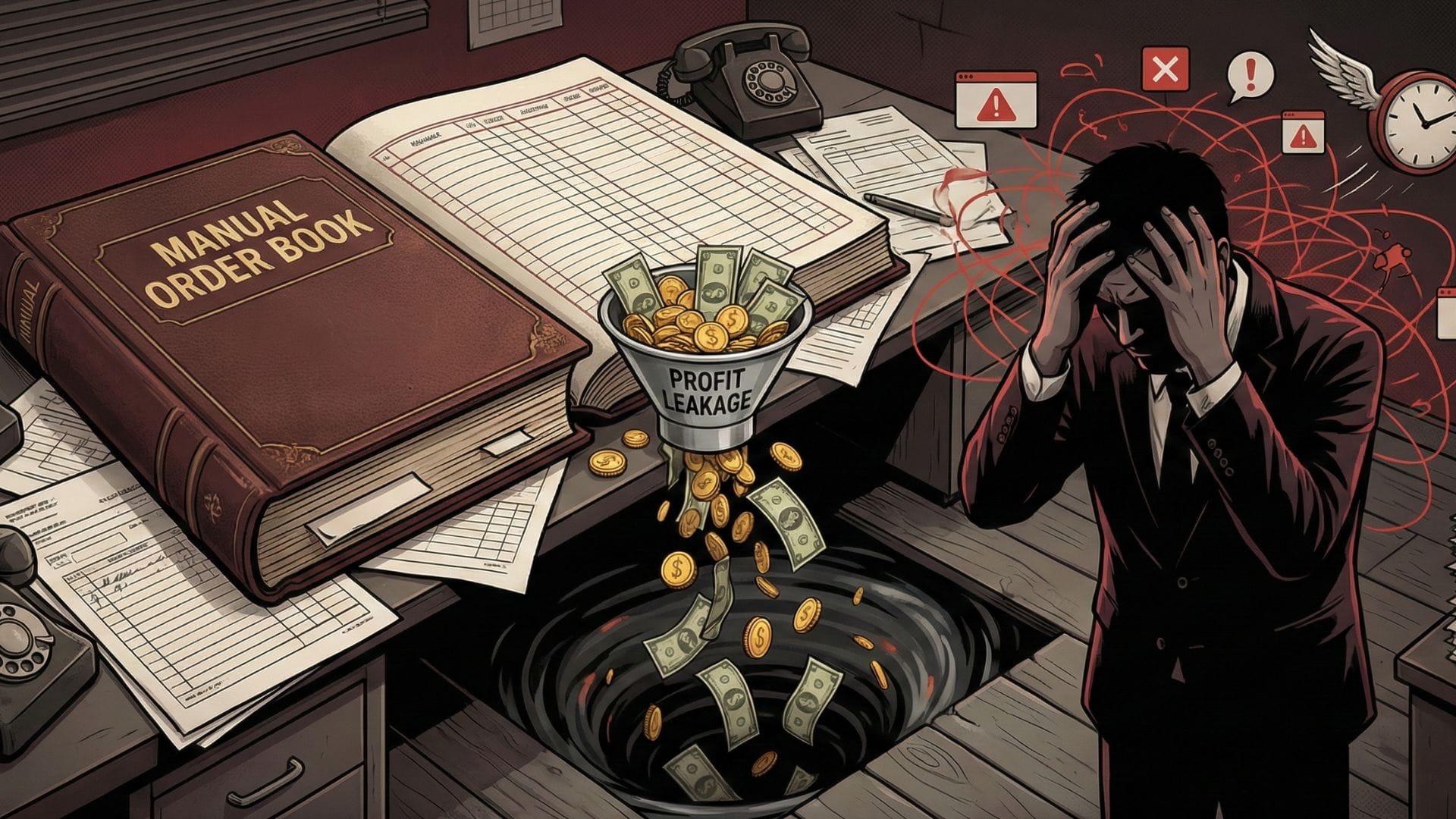 Illustration of a stressed businessman watching money fall through a profit leakage funnel into a black hole due to a manual order book.