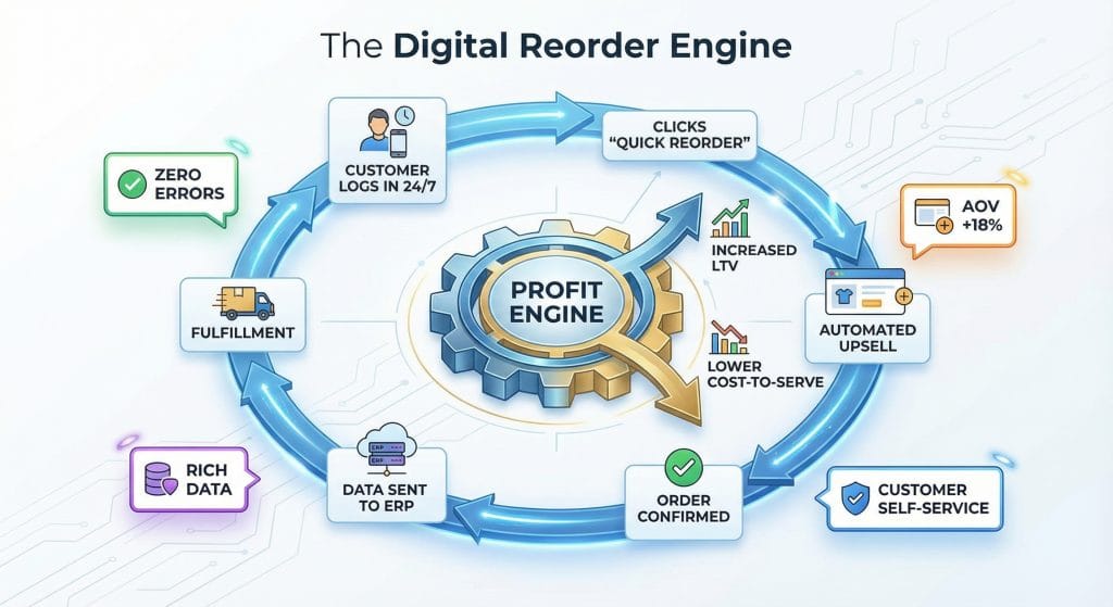 A circular flow chart titled The Digital Reorder Engine, showing the steps from customer login to fulfillment and profit generation.