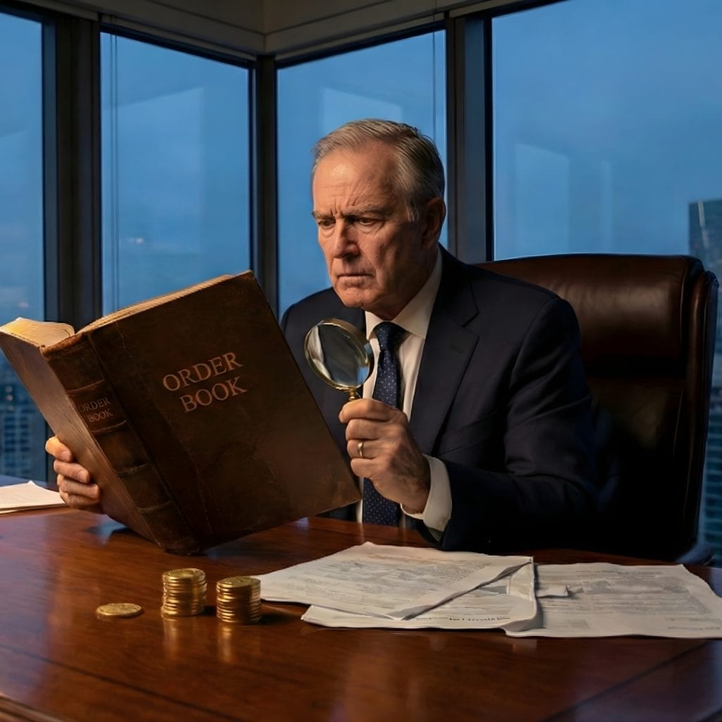 A senior financial executive in a suit uses a magnifying glass to closely examine an old, large book titled "ORDER BOOK" at a desk with stacks of coins, representing a CFO investigating hidden costs in manual order processing.