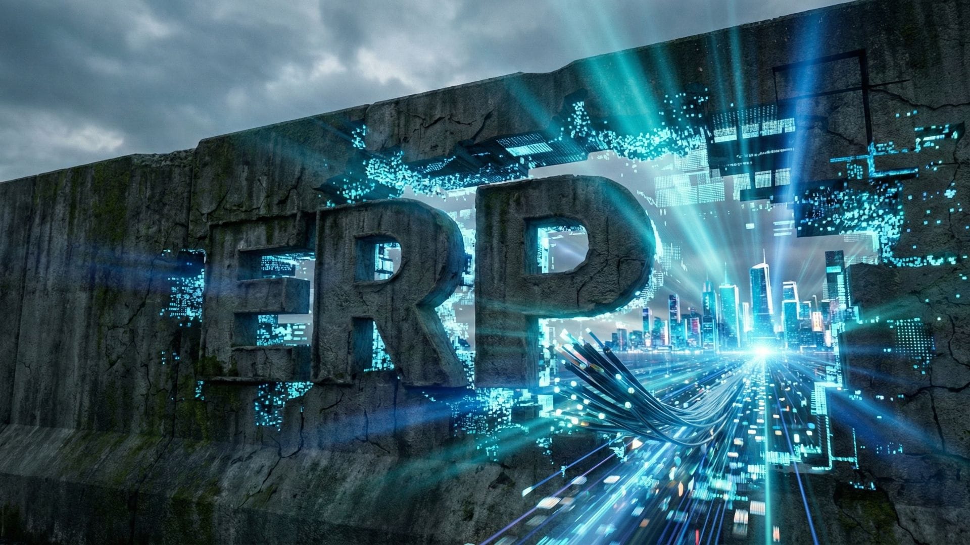 A cracking concrete wall with the text "ERP" opening up to reveal a glowing, futuristic digital city and fiber optic data streams.
