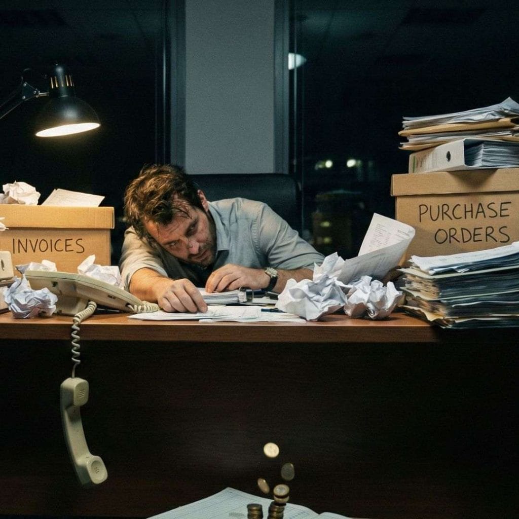 Close-up of a tired office worker buried under paperwork labeled purchase orders and invoices, illustrating B2B customer experience burnout.