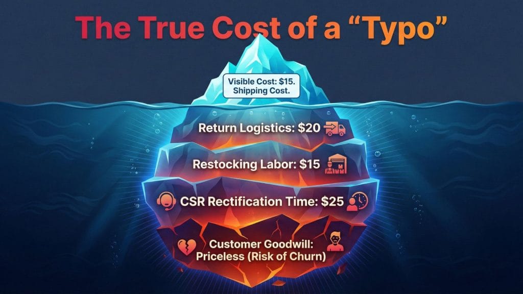 Iceberg infographic illustrating the hidden costs of manual order entry errors, including return logistics, labor, and customer churn.