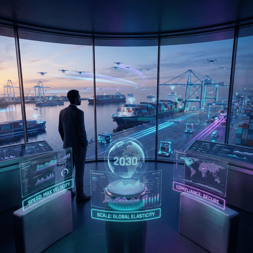 Futuristic supply chain control tower 2030 with executive viewing holographic dashboards for speed, scale, and compliance.