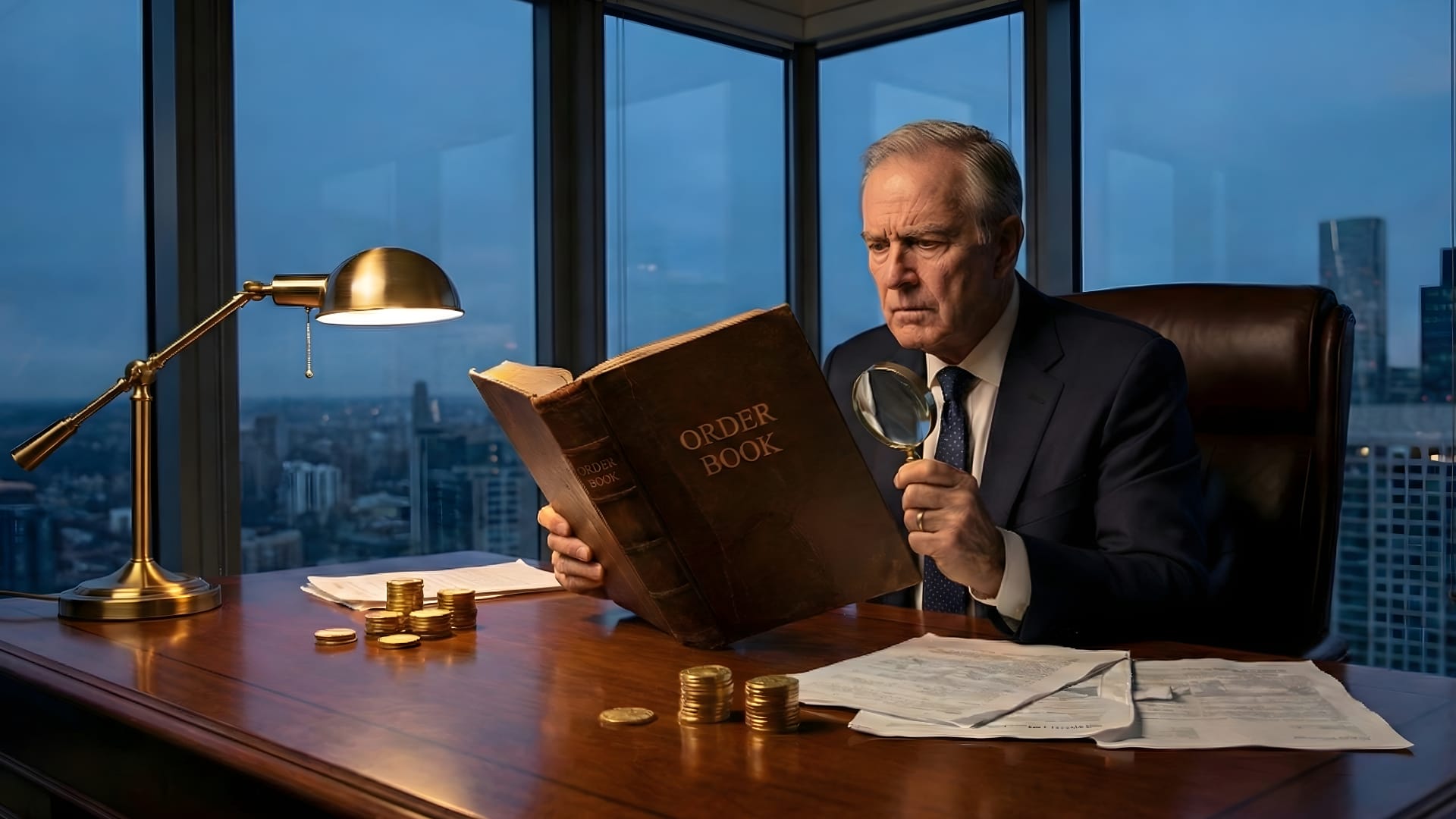 A senior financial executive in a suit uses a magnifying glass to examine an "ORDER BOOK" at a desk, with a brass desk lamp illuminating the book and stacks of coins, symbolizing the act of shedding light on the financial drain of manual orders.