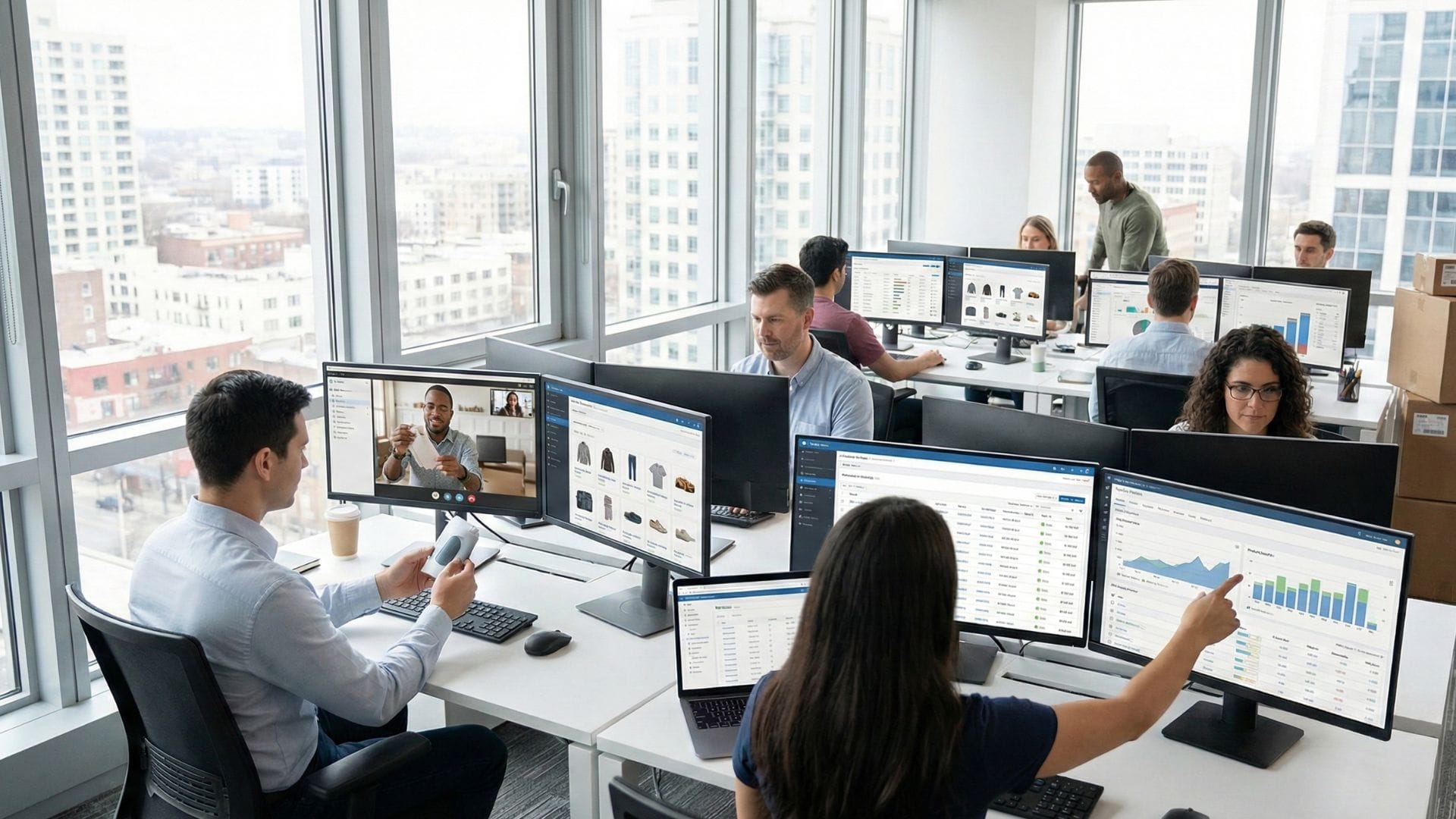 Modern B2B sales team using digital order management dashboards to automate reorders and view customer analytics.