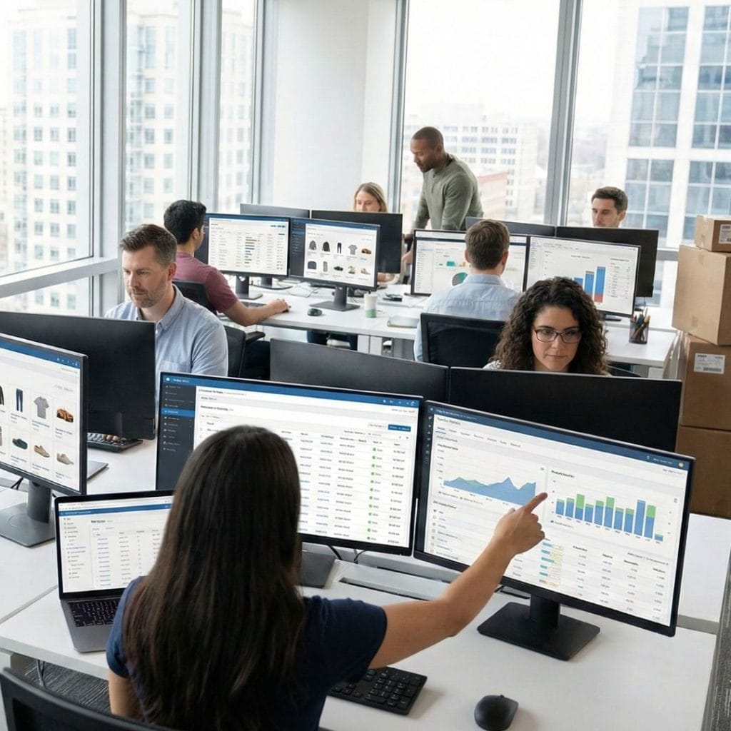 Computer monitors displaying real-time B2B sales analytics, inventory levels, and automated reorder tracking.