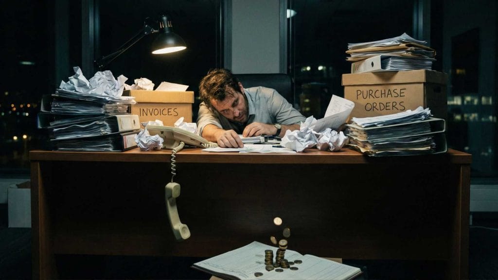 Wide shot of a chaotic office desk at night with an exhausted employee surrounded by stacks of invoices, purchase orders, and a hanging telephone receiver.