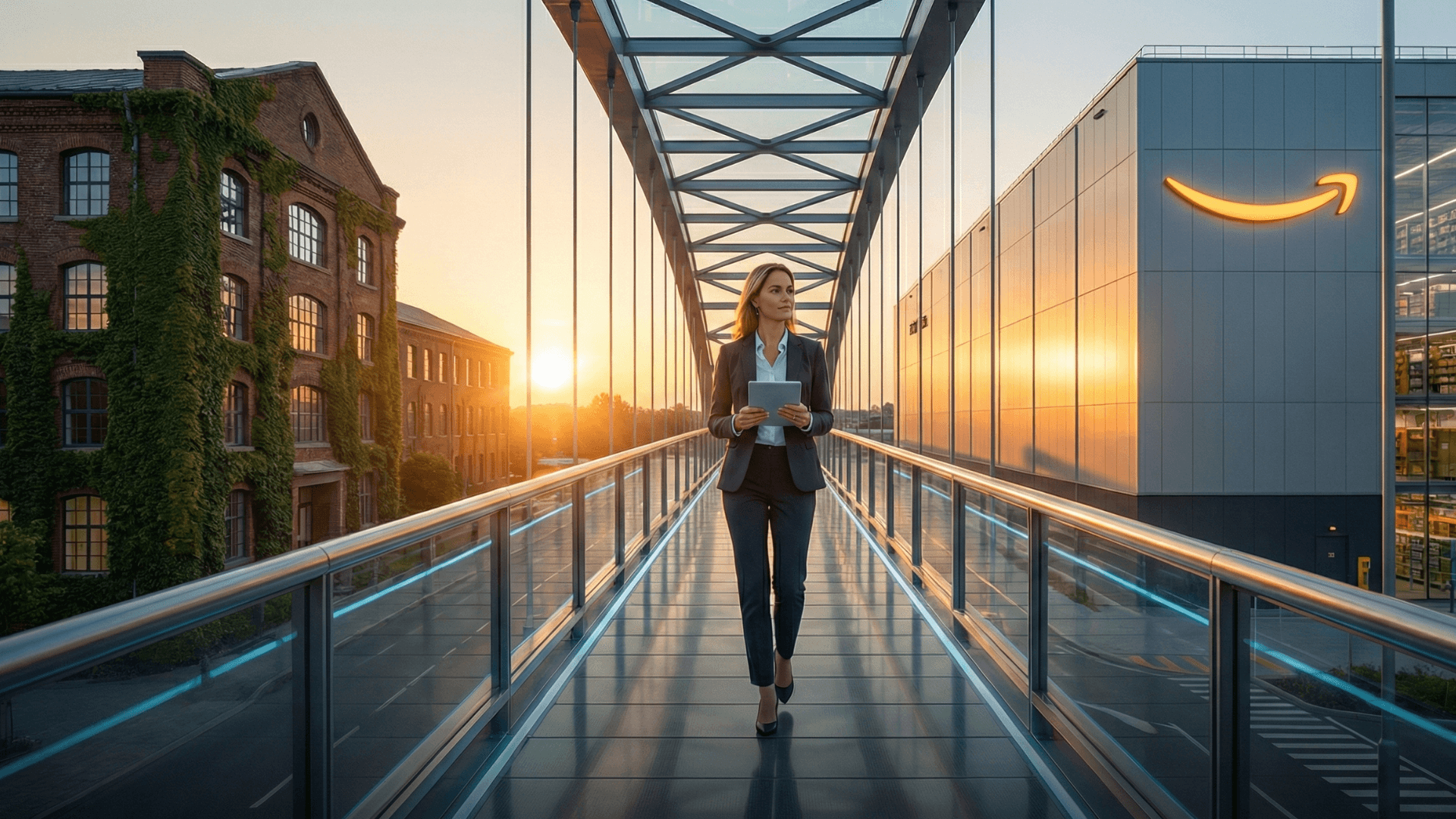 A businesswoman walks across a modern glass skybridge connecting an old brick factory to a modern Amazon-style fulfillment center, illustrating changing B2B Ecommerce Trends (US/UK).