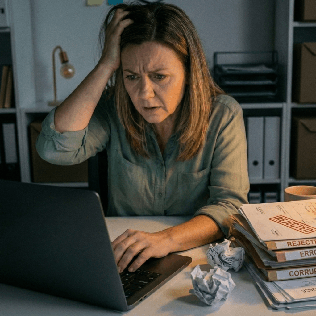 A stressed office worker holding her head in frustration while looking at a laptop, sitting next to a stack of paperwork stamped with "REJECTED" and "ERROR," illustrating the pain of manual data entry.