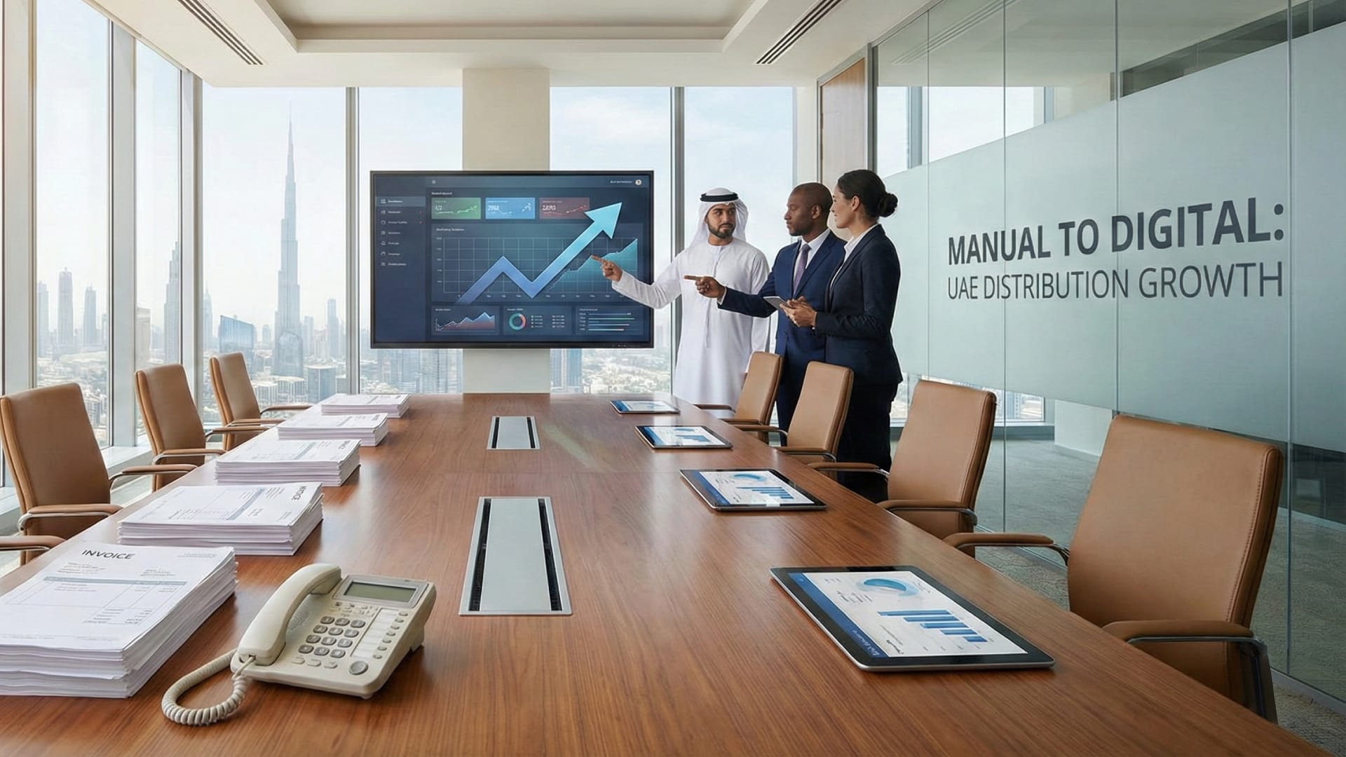 Business leaders in a Dubai conference room discussing a digital growth strategy presentation with a "Manual to Digital: UAE Distribution Growth" sign on the glass wall.