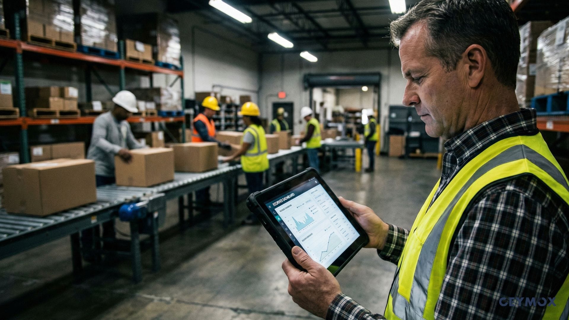 Supply chain supervisor analyzing inventory data on a digital tablet in a busy industrial facility.