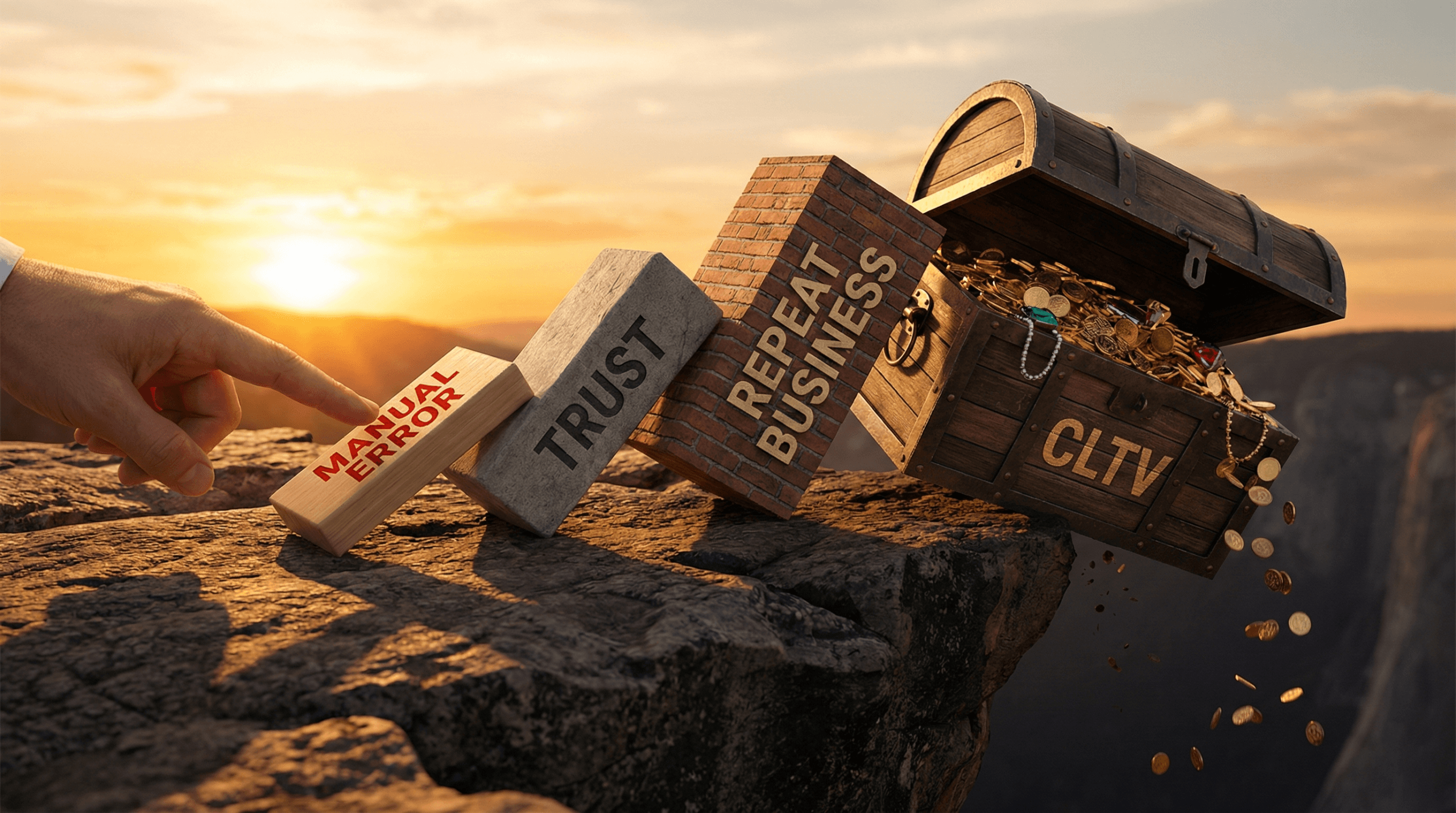 A conceptual illustration showing a domino effect where a block labeled "MANUAL ERROR" knocks over "TRUST" and "REPEAT BUSINESS," causing a treasure chest labeled "CLTV" to fall off a cliff.