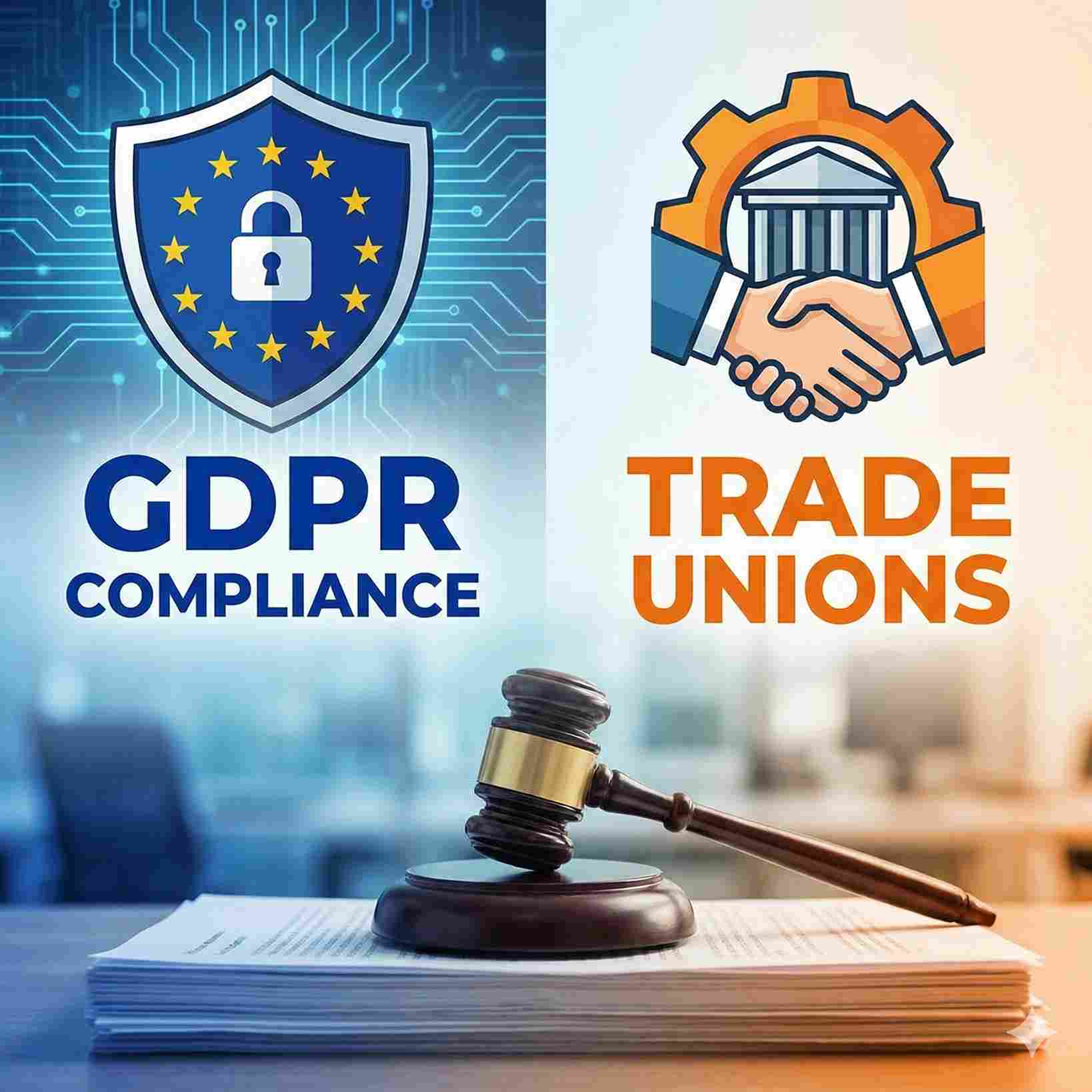 Split image with a blue GDPR compliance shield icon on the left and an orange trade union handshake icon on the right, with a legal gavel resting on a stack of documents in the foreground.