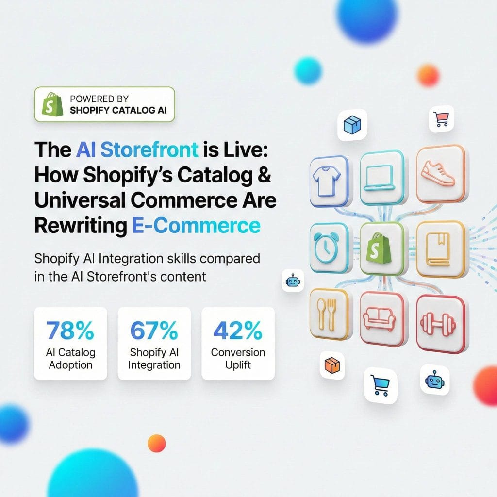 An infographic titled "The AI Storefront is Live" highlighting Shopify Catalog AI statistics: 78% AI Catalog Adoption, 67% Shopify AI Integration, and a 42% Conversion Uplift.