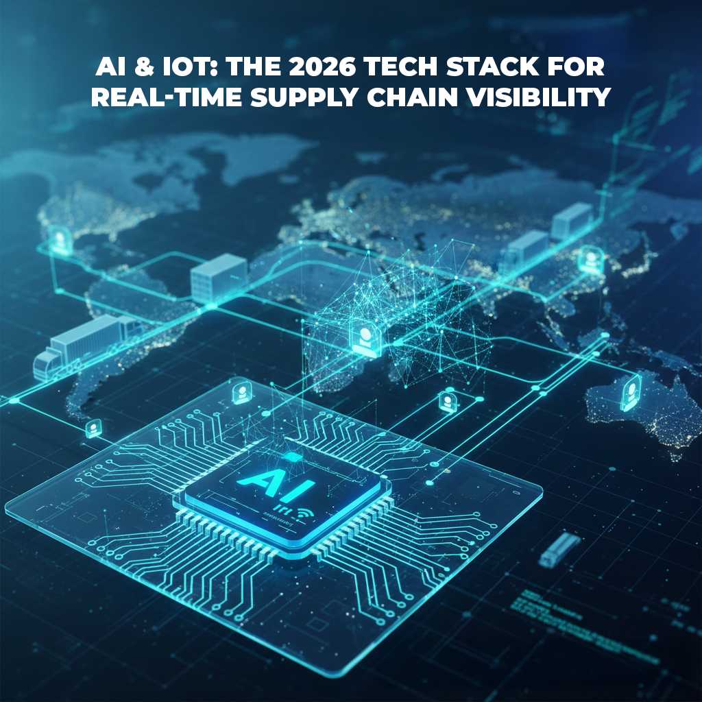 AI and IoT powered global supply chain network with real-time tracking, smart sensors, and predictive analytics dashboard for 2026 logistics visibility.