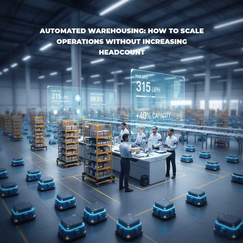 Automated warehouse with autonomous mobile robots transporting shelves to workers at a goods to person picking station.