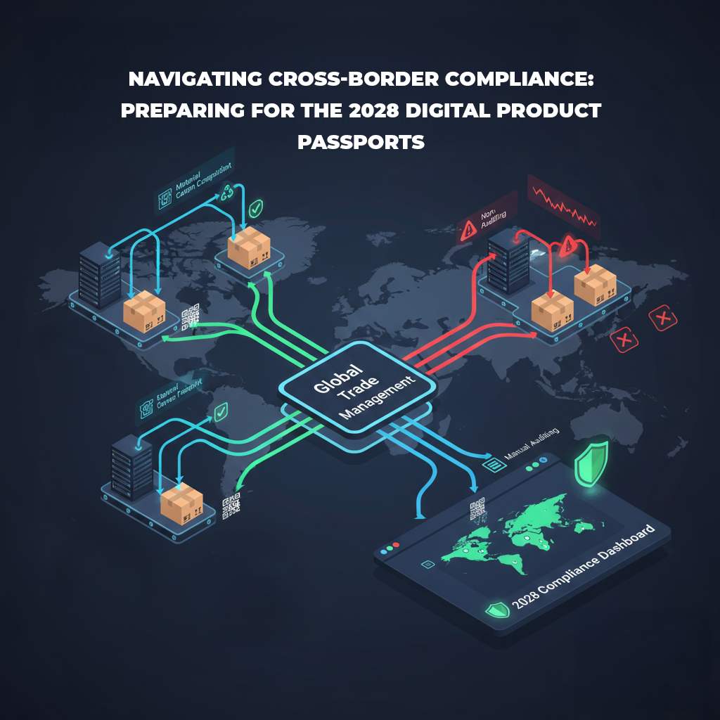 Illustration of global trade management system showing cross-border compliance workflows and 2028 digital product passport dashboard across world map.