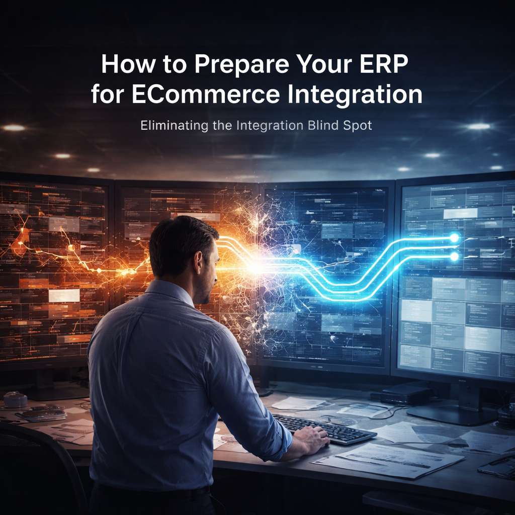 A professional working at a multi-screen workstation analyzing data integration between ERP and eCommerce systems, with glowing digital connections symbolizing seamless data flow.