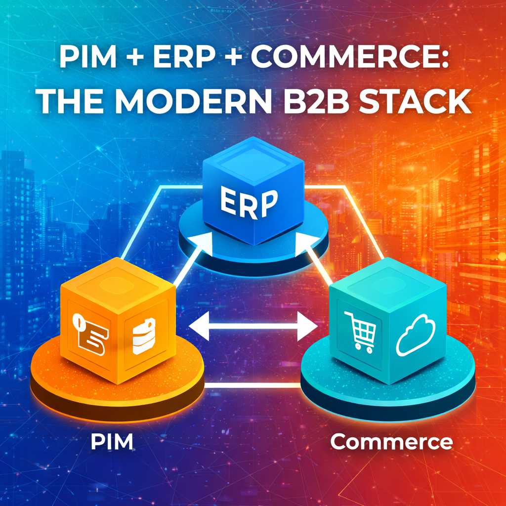 PIM ERP Commerce modern B2B stack architecture showing connected systems for product data, operations, and digital commerce