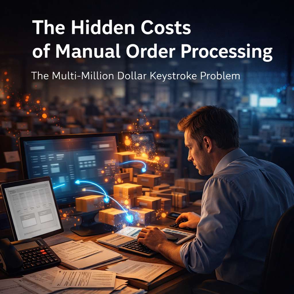 A professional manually processing orders at a desk with multiple screens, paperwork, and digital arrows illustrating inefficient data entry and workflow bottlenecks.