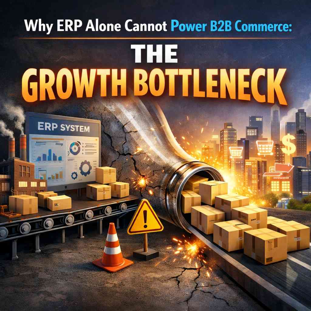 ERP system causing a bottleneck in B2B commerce growth, with boxes stuck in a pipeline while digital commerce expands beyond.
