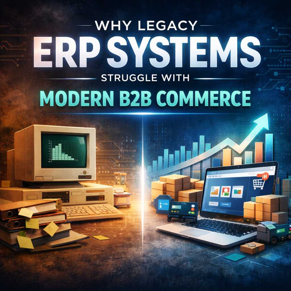 Legacy ERP system represented by an old computer contrasted with modern B2B ecommerce platform on a laptop showing digital commerce growth and automation.