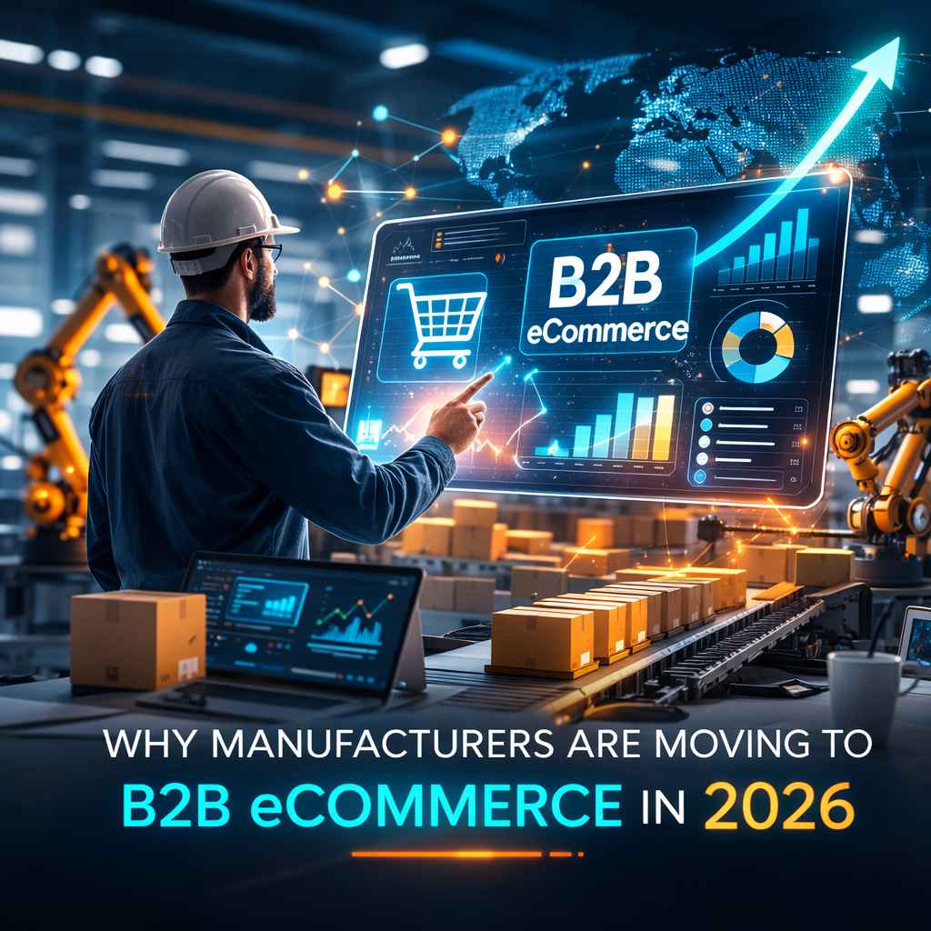 Manufacturer using a digital dashboard for B2B eCommerce with factory robots and logistics system in a smart manufacturing environment