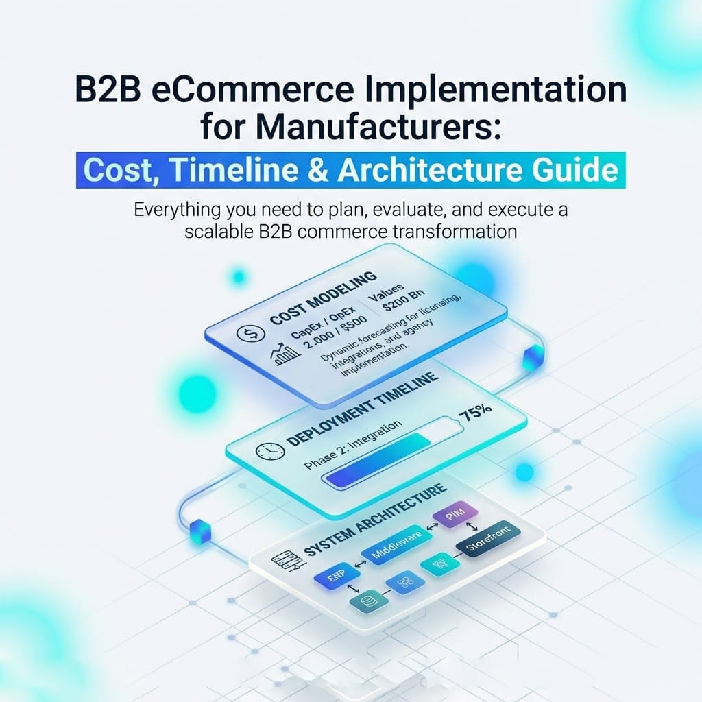 B2B eCommerce implementation for manufacturers showing cost modeling, deployment timeline, and system architecture with ERP, middleware, and PIM integration