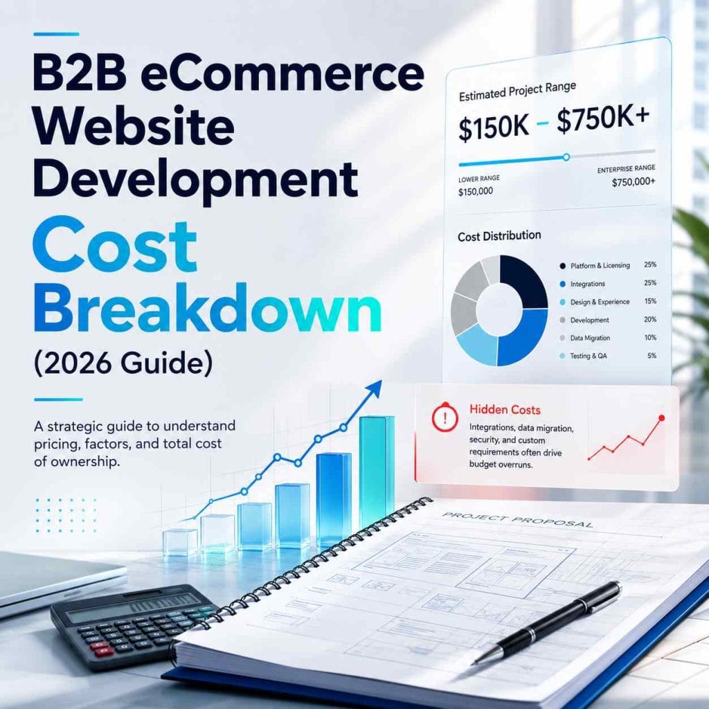 Premium B2B eCommerce website development cost breakdown guide showing investment planning, cost distribution, integrations, security requirements, and project budgeting considerations for enterprise B2B commerce in 2026.
