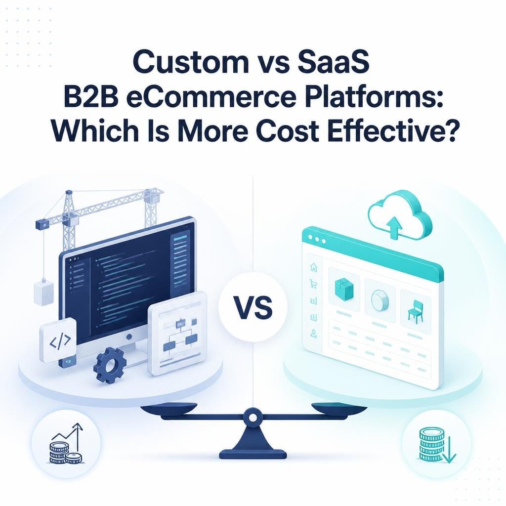 Illustration comparing custom-built and SaaS B2B eCommerce platforms on a balance scale, highlighting long-term cost effectiveness, scalability, and platform selection for enterprise businesses.