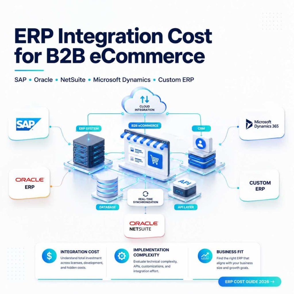 Isometric illustration showing ERP integration architecture for B2B eCommerce with SAP, Oracle, NetSuite, Microsoft Dynamics, and Custom ERP connected to an online storefront through APIs, CRM, cloud services, and real-time synchronization.