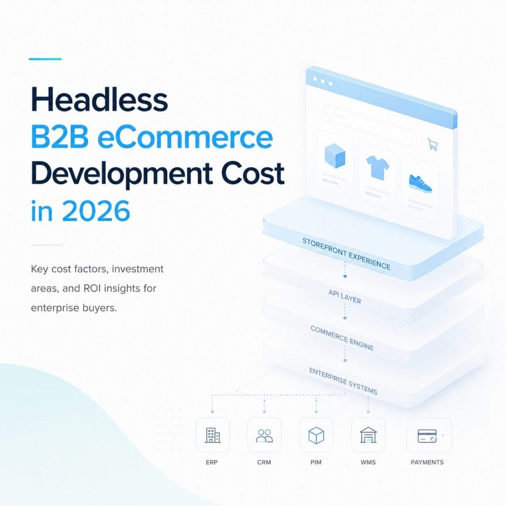 Illustration showing the cost structure of headless B2B eCommerce development in 2026 with storefront experience, API layer, commerce engine, enterprise systems, and integrations including ERP, CRM, PIM, WMS, and payments.