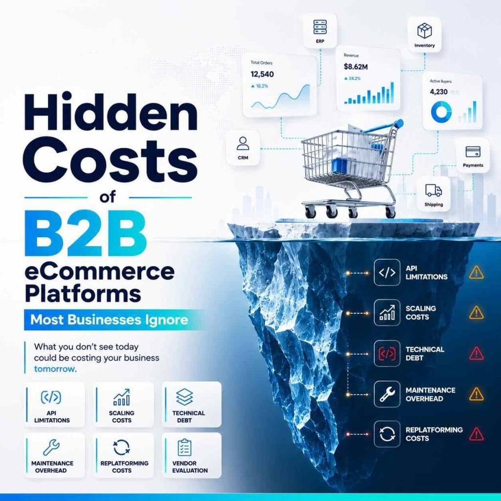 Infographic illustrating the hidden costs of B2B eCommerce platforms using an iceberg metaphor. Above the water are visible elements like a shopping cart, revenue metrics, and ERP/CRM integrations, while the massive underwater section highlights overlooked risks including API limitations, scaling costs, technical debt, maintenance overhead, replatforming costs, and vendor evaluation.