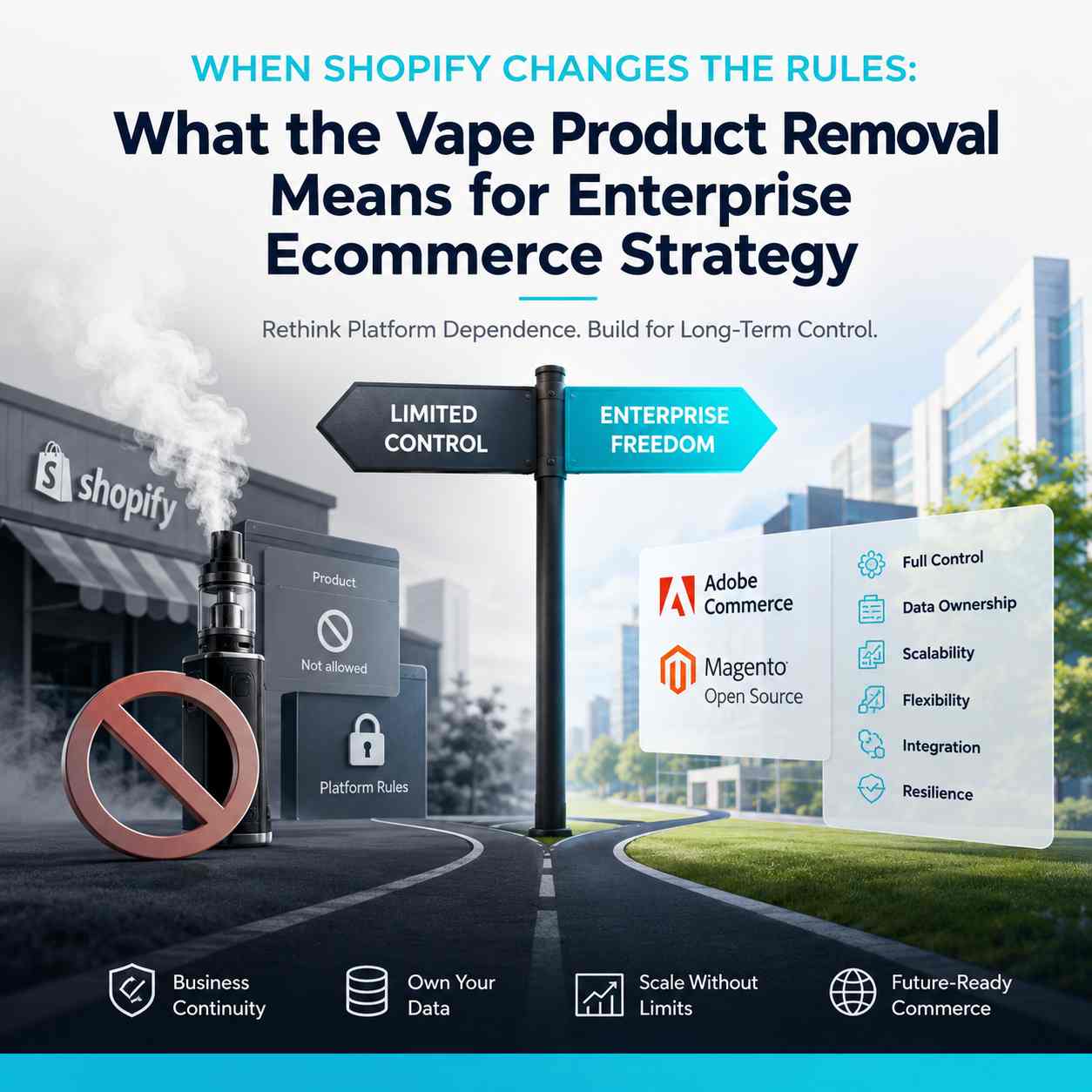 Illustration comparing Shopify's vape product restrictions with enterprise ecommerce platforms like Adobe Commerce and Magento, highlighting platform control, data ownership, scalability, and business resilience.