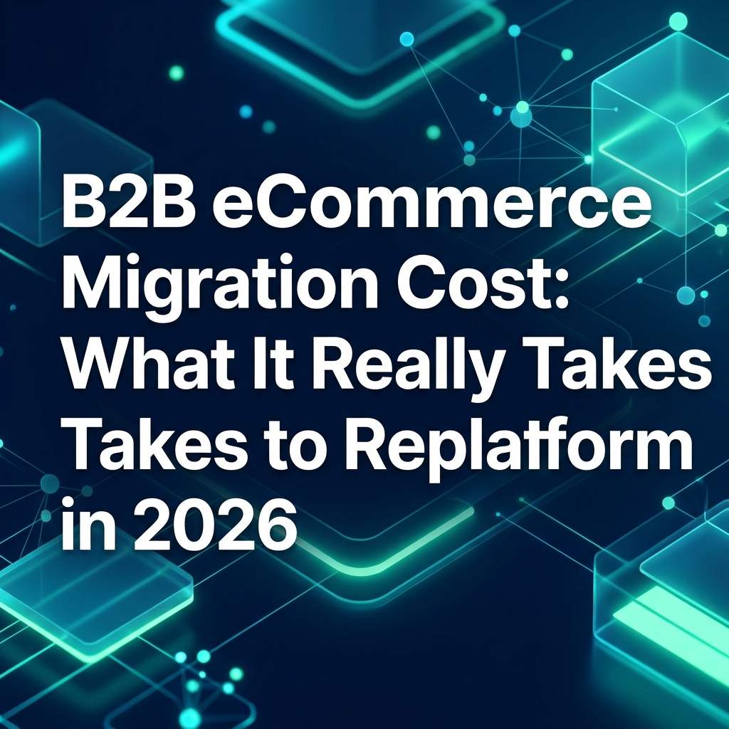 B2B eCommerce Migration Cost: What It Really Takes to Replatform in 2026 - A 3D illustration showing legacy data migrating to a modern commerce platform.