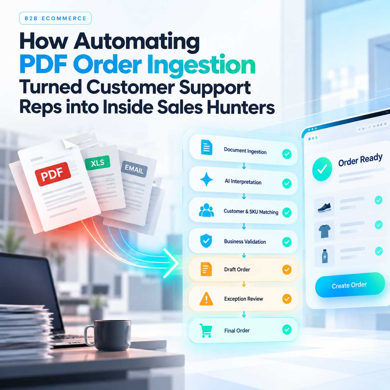 AI-powered PDF order ingestion workflow transforming manual order entry into streamlined B2B order processing