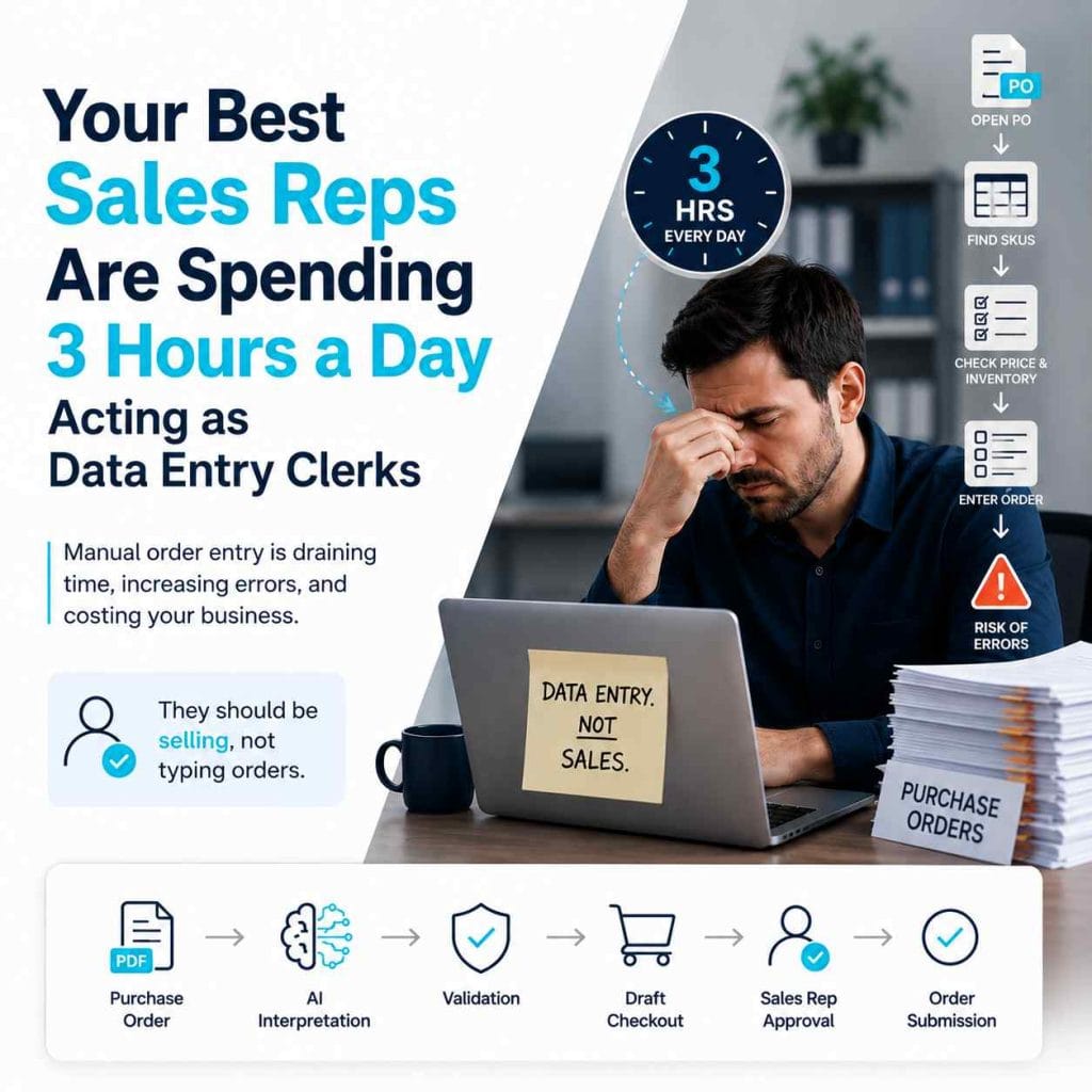 B2B sales representative overwhelmed by purchase orders and manual data entry, with an AI-assisted workflow showing purchase order interpretation, validation, draft checkout, sales rep approval, and order submission.
